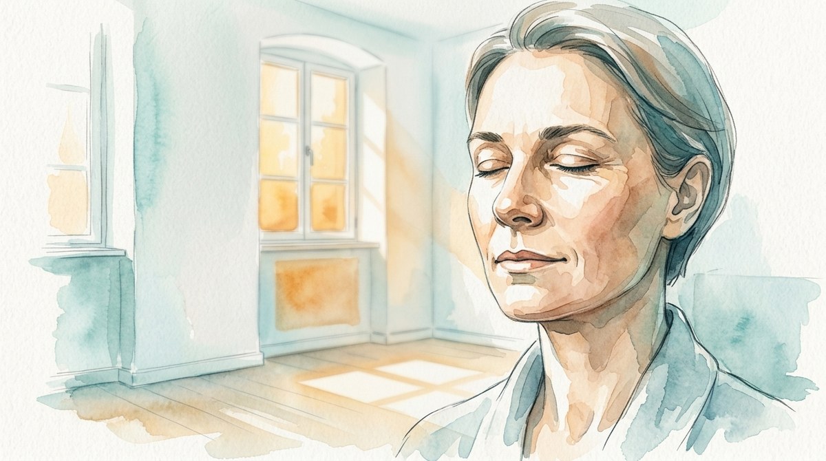 Aquarell: Nahaufnahme eines ruhigen Gesichts mit geschlossenen Augen vor einem hellen Klinikzimmer.