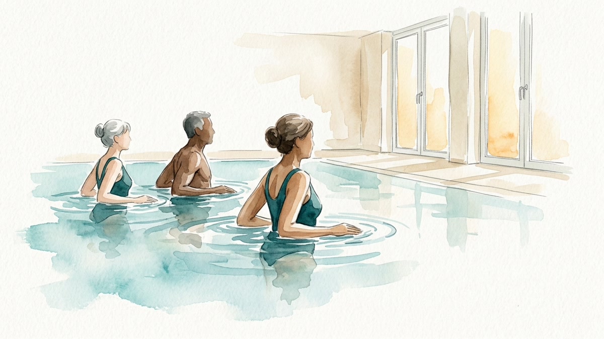 Aquarell: Drei Erwachsene bewegen ihre angewinkelten Arme ruhig durch das Wasser im hellen Bewegungsbad.