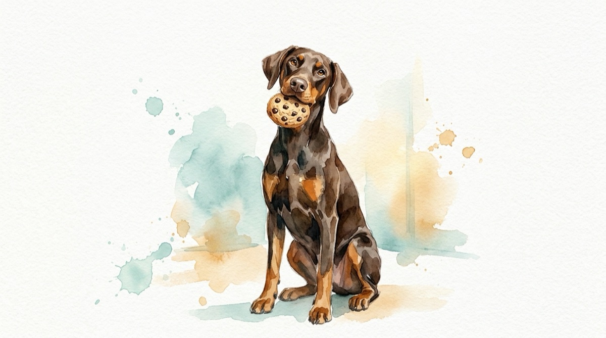 Aquarell: Klinikhund Oskar, ein brauner Dobermann, sitzt aufrecht und hält stolz einen Schokoladenkeks im Maul
