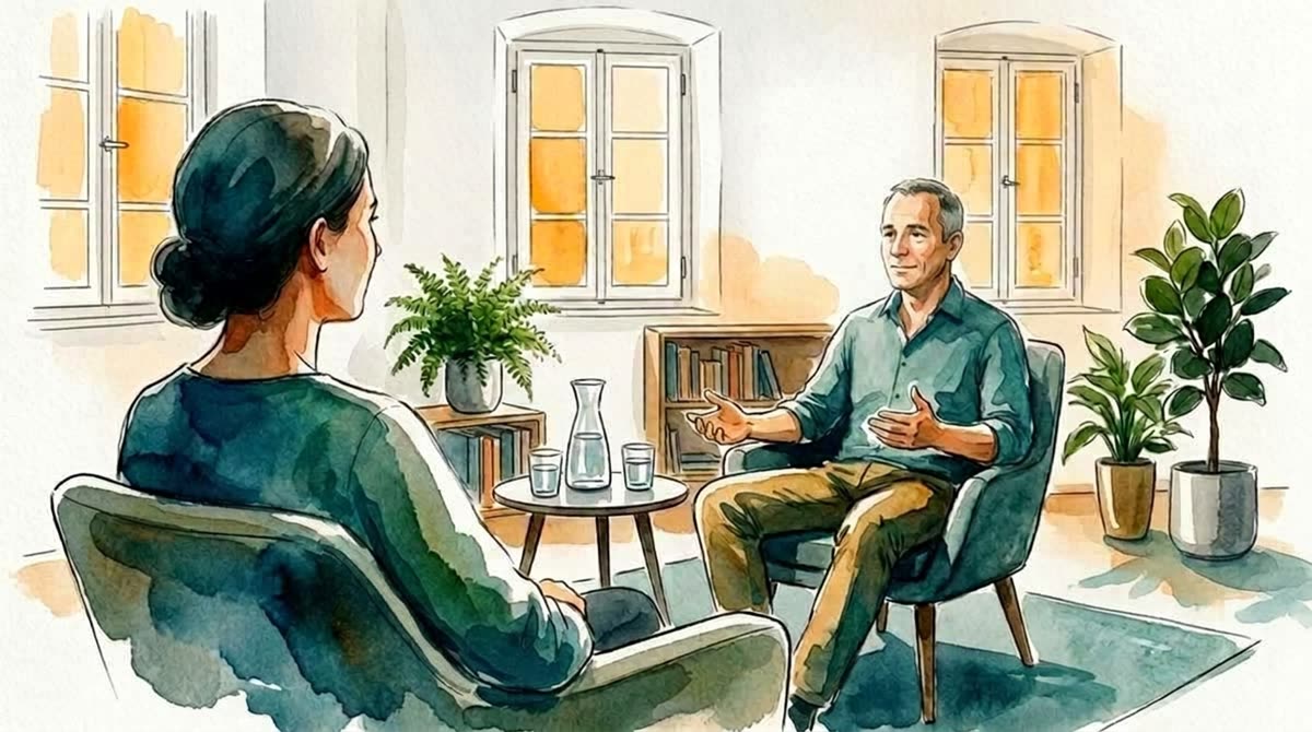 Aquarell: Zwei Personen sitzen in einem hellen Therapieraum der Schlossparkklinik im Gespräch