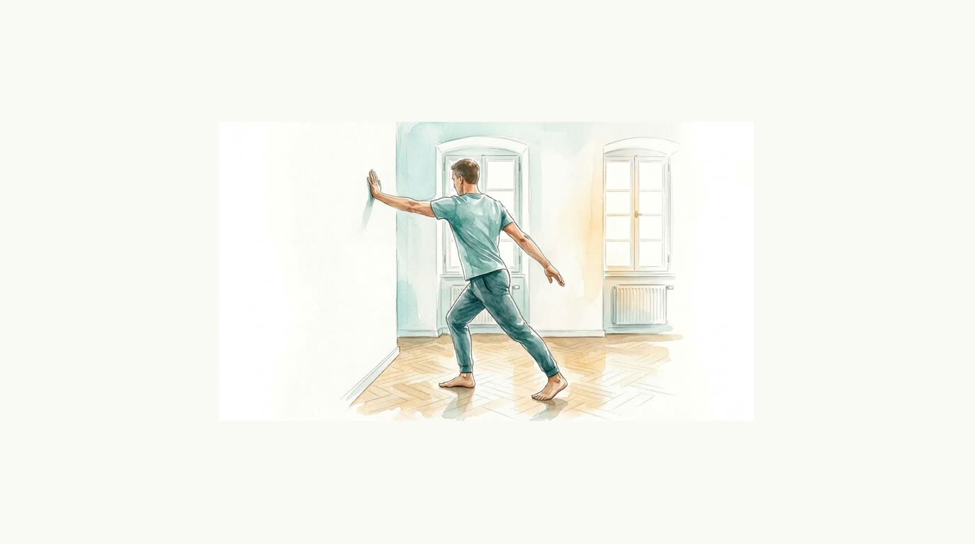 Aquarell: Ein Mann dehnt sich in einem hellen Klinikraum mit einer Hand an der Wand und einem weit nach hinten gesetzten Bein.