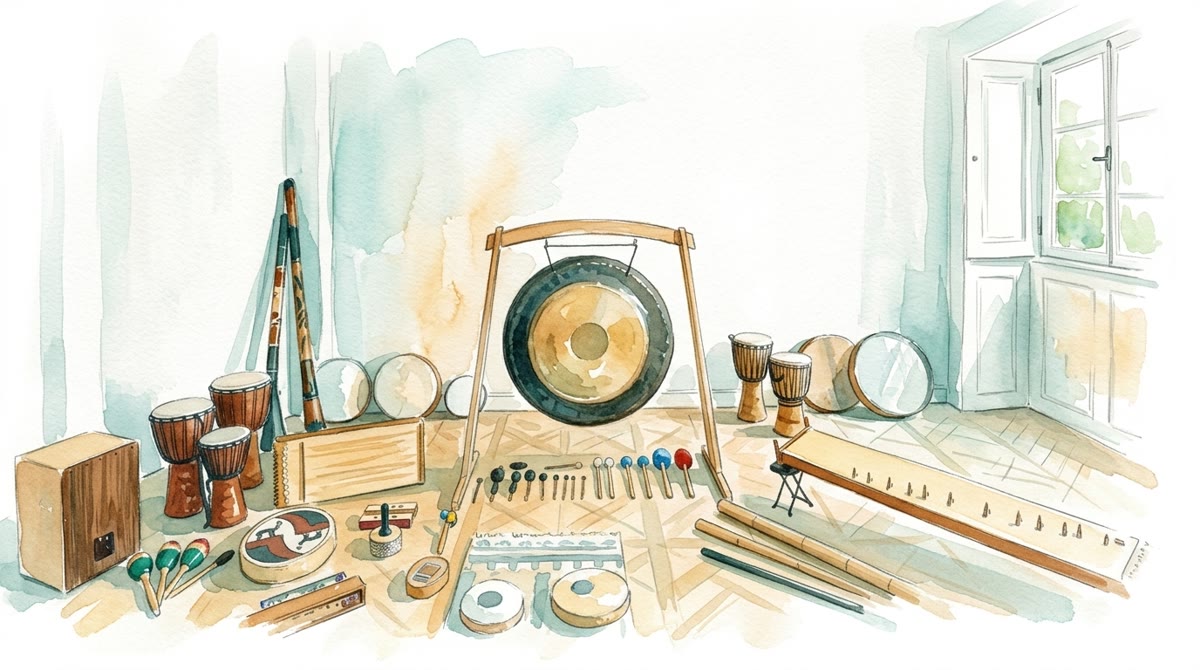 Aquarell: Gong und Instrumente in einem hellen Therapieraum