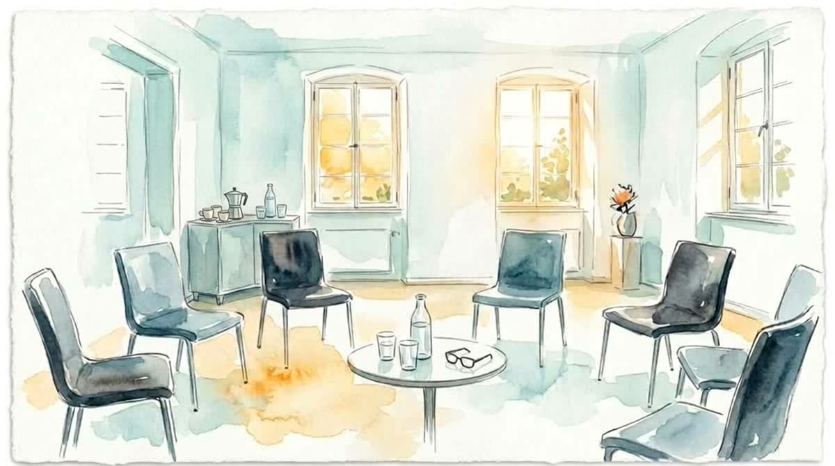 Aquarell: Leere Stühle in einem hellen Therapieraum, auf dem Tisch stehen Wasserflasche und Gläser; links hinten steht eine kleine Kommode mit Kaffee und Wasser