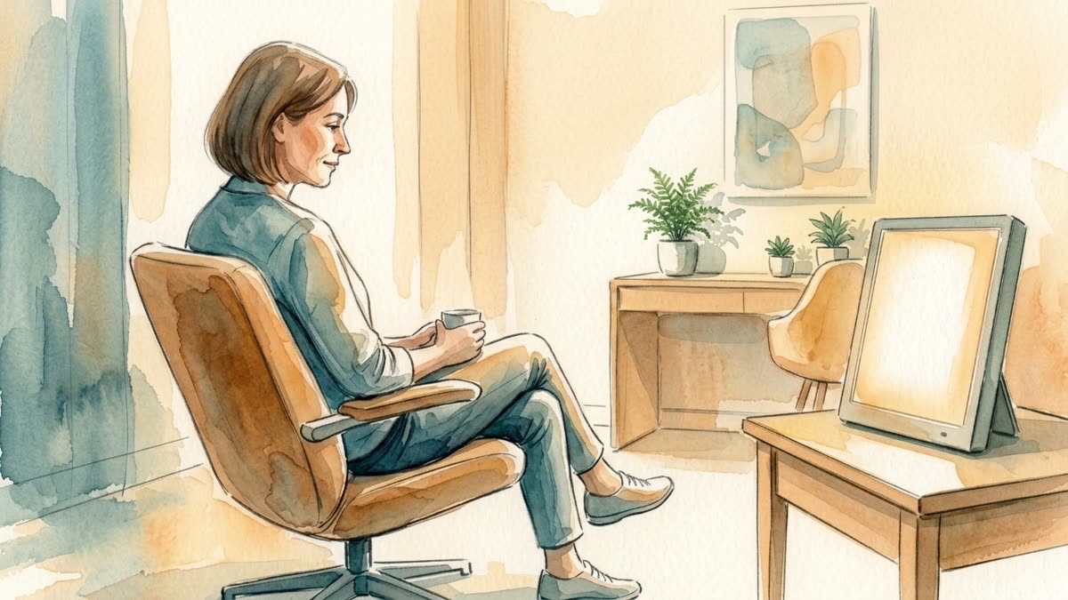 Aquarell: Eine Person sitzt in einem hellen Behandlungsraum vor einer Lichttherapie-Lampe