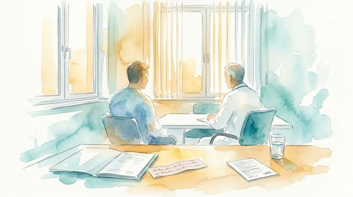Aquarell: Ein Arzt und ein Patient sitzen von hinten in einem hellen Behandlungszimmer; auf dem Tisch liegen Mappe, EKG-Streifen und Unterlagen.