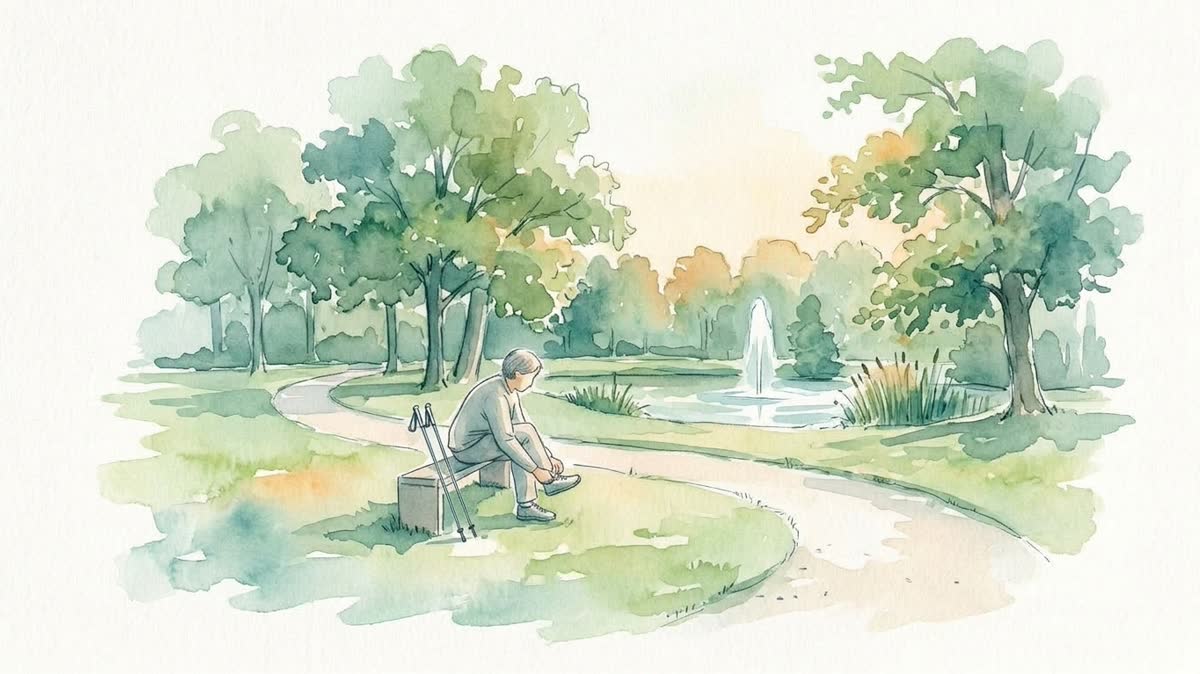 Aquarell: Eine Person sitzt im Park an einem geschwungenen Weg, bindet sich die Schuhe und hat zwei Nordic-Walking-Stöcke neben sich abgestellt.