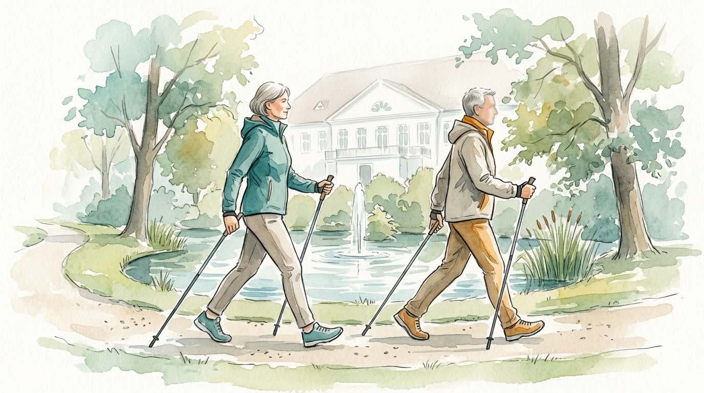Aquarell: Zwei Personen gehen mit Nordic-Walking-Stöcken am Teich der Schlossparkklinik vorbei.