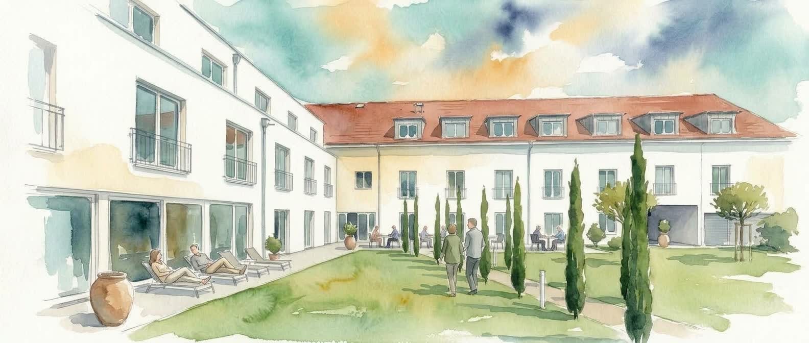 Aquarell: Menschen im Gespräch an Tischen, auf Liegen und beim Spaziergang im Garten hinter der Klinik
