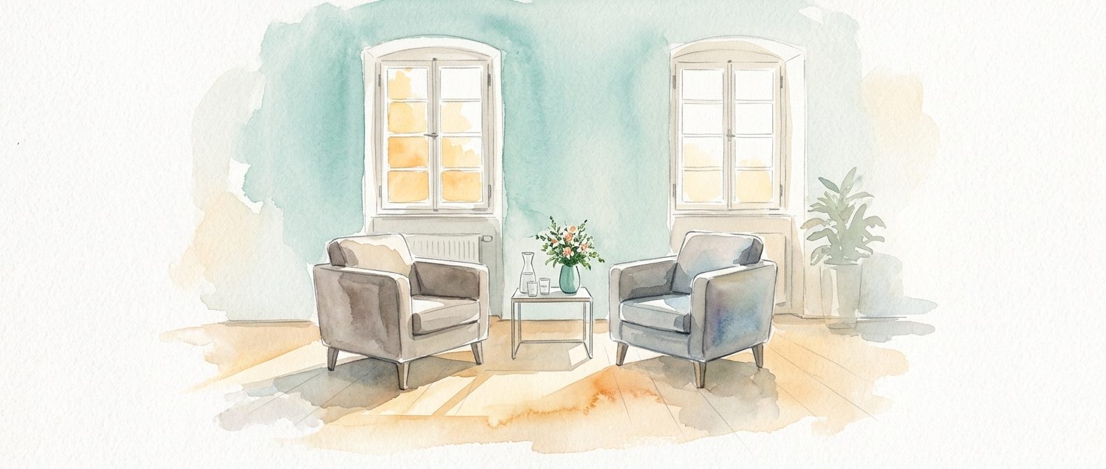 Aquarell: zwei Sessel einander zugewandt vor hohen Sprossenfenstern