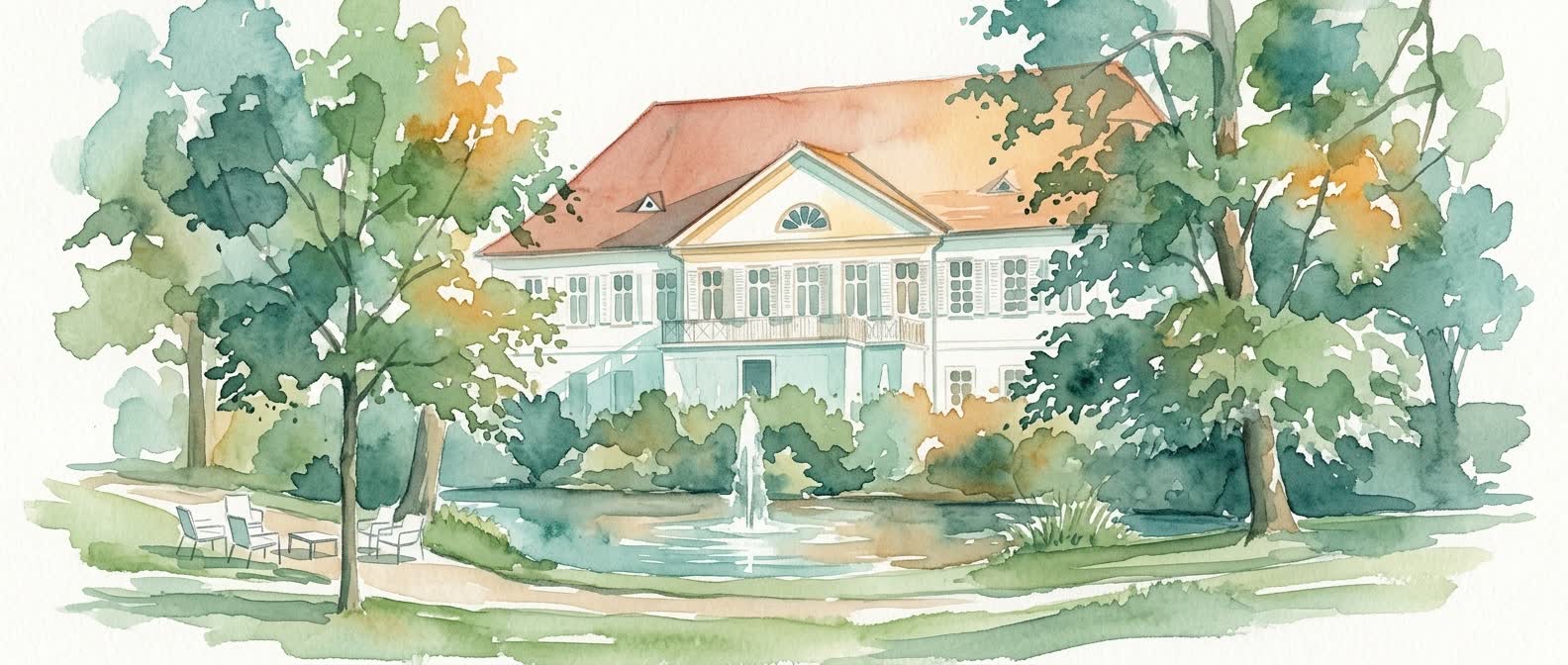 Aquarell: Blick aus dem Schlosspark über den Springbrunnen auf das Schloss