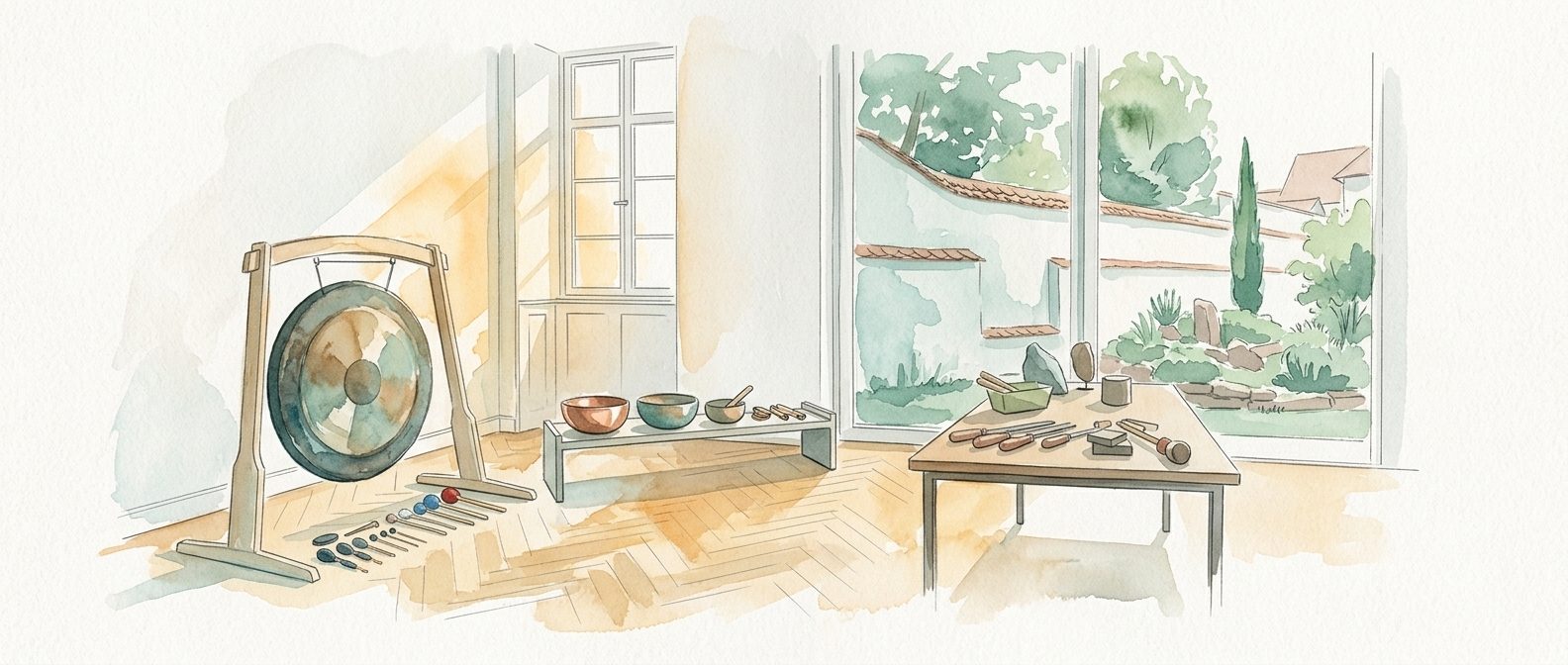 Aquarell: Gong, Klangschalen und eine Werkbank mit Werkzeug in einem hellen Raum