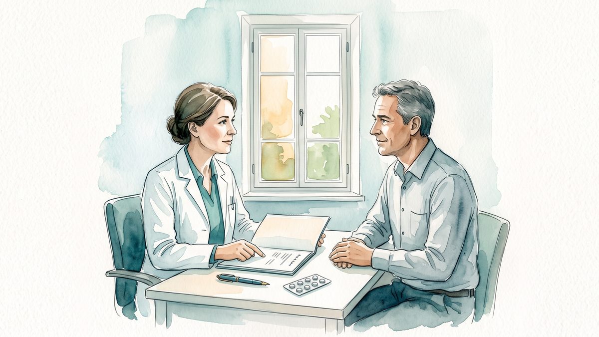 Aquarell: Eine Ärztin und ein Patient besprechen Unterlagen an einem Tisch; daneben liegen ein Stift und eine kleine Medikamenten-Blisterpackung.