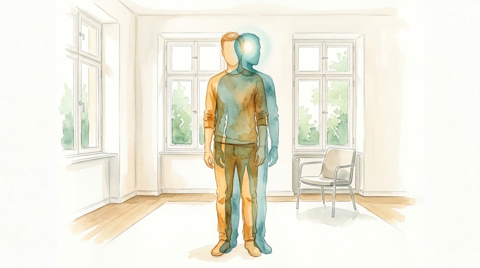 Aquarell: Eine bekleidete Person erscheint in zwei überlagerten transparenten Ebenen in einem hellen Therapieraum. Die amberfarbene Ebene betont den Körper, die petrolfarbene Ebene den Kopf.