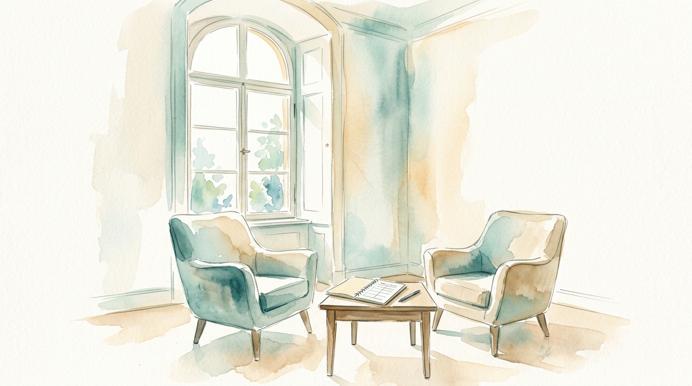 Aquarell: zwei Sessel in einem hellen Therapieraum mit Behandlungsplan auf einem Tisch