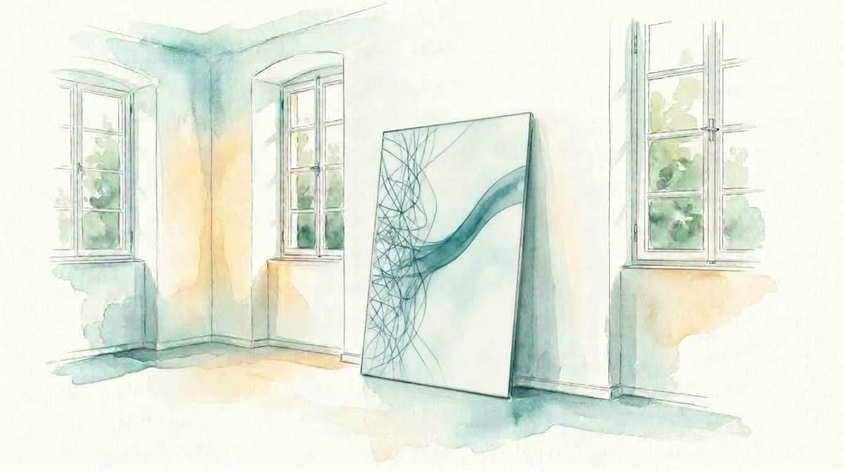 Aquarell: In einem hellen Therapieraum lehnt eine Glasfläche, auf der aus unruhigen Linien ein ruhiges Band entsteht.