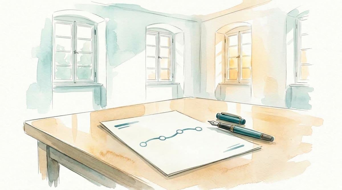 Aquarell: Auf einem hellen Tisch liegt ein abstrahierter Therapieplan mit verbundenen Schritten und einem Füller.