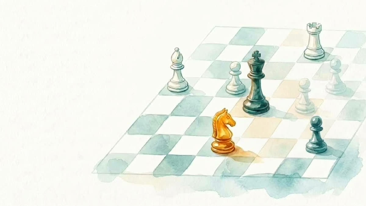 Aquarell: Ein bernsteinfarbener Springer bedroht einen dunkelpetrolfarbenen König. Zwischen beiden liegt ein regelgerechter Springerabstand von einem Feld seitlich und zwei Feldern nach vorn.