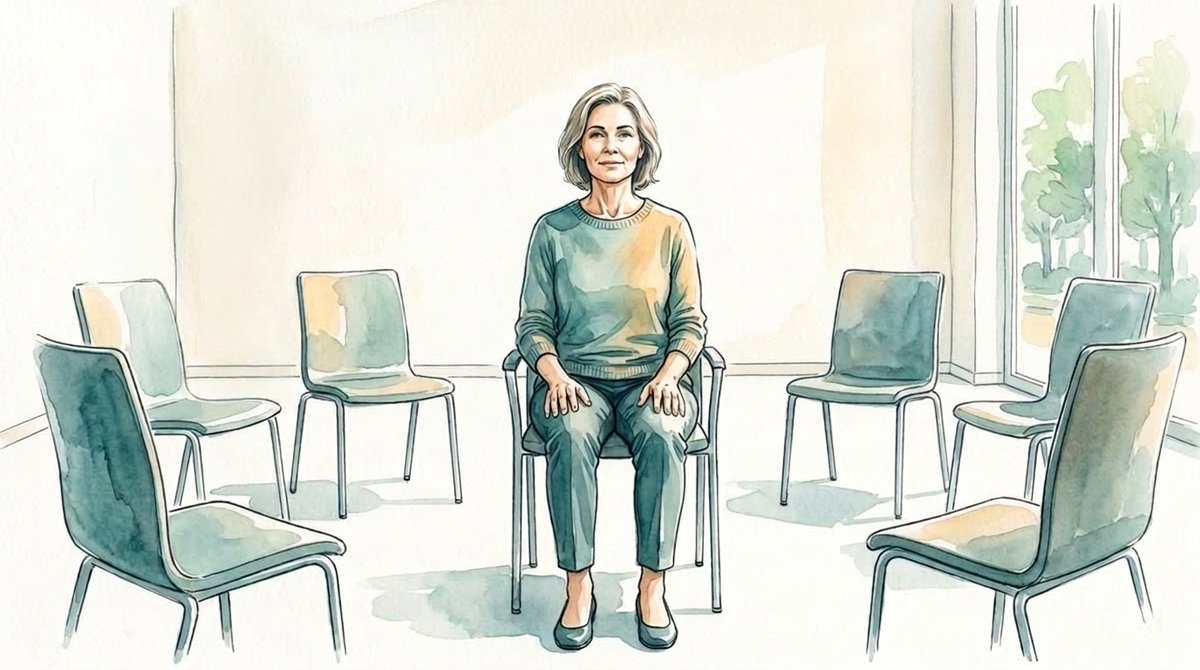 Aquarell: Eine Frau sitzt aufrecht mit offenen Augen und entspannten Händen in einem hellen Gruppenraum.
