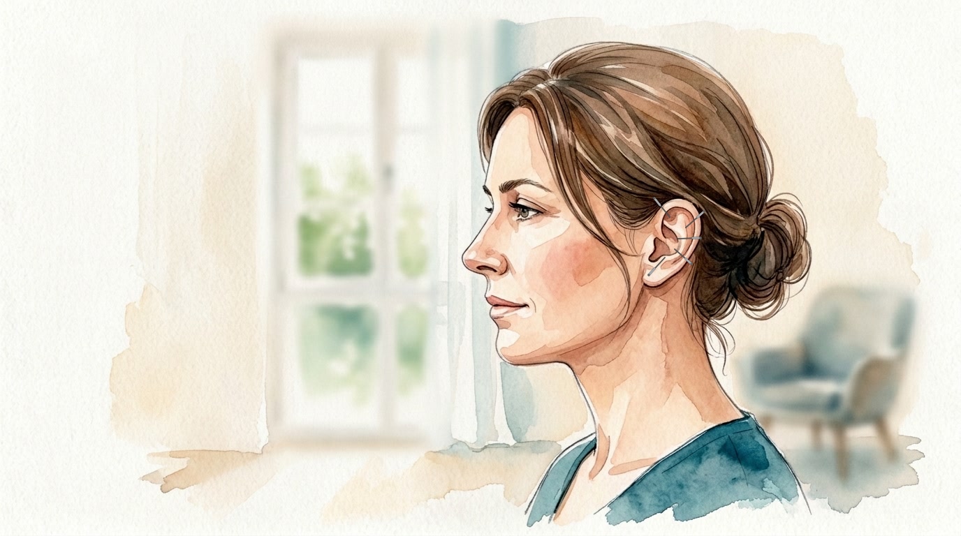 Aquarell: Eine Frau mit braunem Haar im Seitenprofil; in ihrem sichtbaren Ohr sind fünf kurze Akupunkturnadeln gesetzt, im Hintergrund ein heller Behandlungsraum.