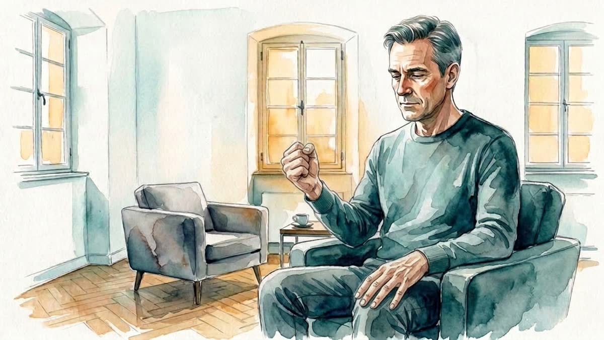 Aquarell: Ein Mann spannt im Sitzen eine Hand zur Faust an, während die andere entspannt auf seinem Oberschenkel liegt.