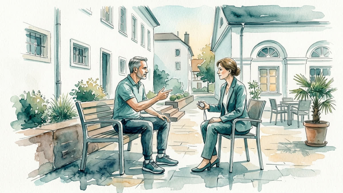 Aquarell: Nach einer Bewegungsphase wählt eine Person bewusst eine Pause und bespricht mit der Therapeutin eine passendere Dosierung.