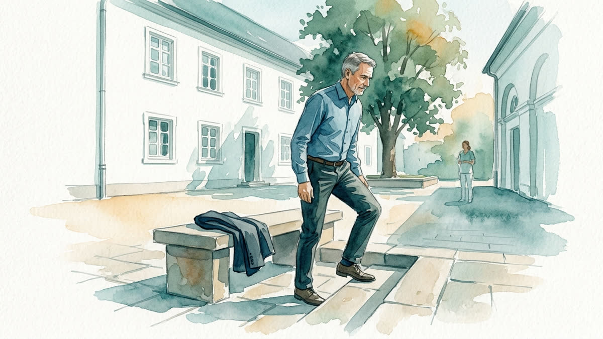 Aquarell: Eine Person steht im Klinikinnenhof von einer Steinbank auf und setzt bewusst den ersten Schritt in dosierte Bewegung.