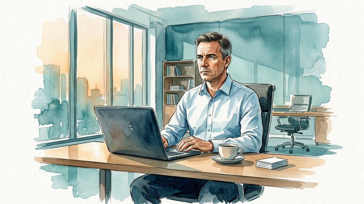 Aquarell: Eine Person sitzt morgens in einem geordneten Büro; der Arbeitstag ist vorbereitet, aber der Blick bleibt vor dem Bildschirm stehen.