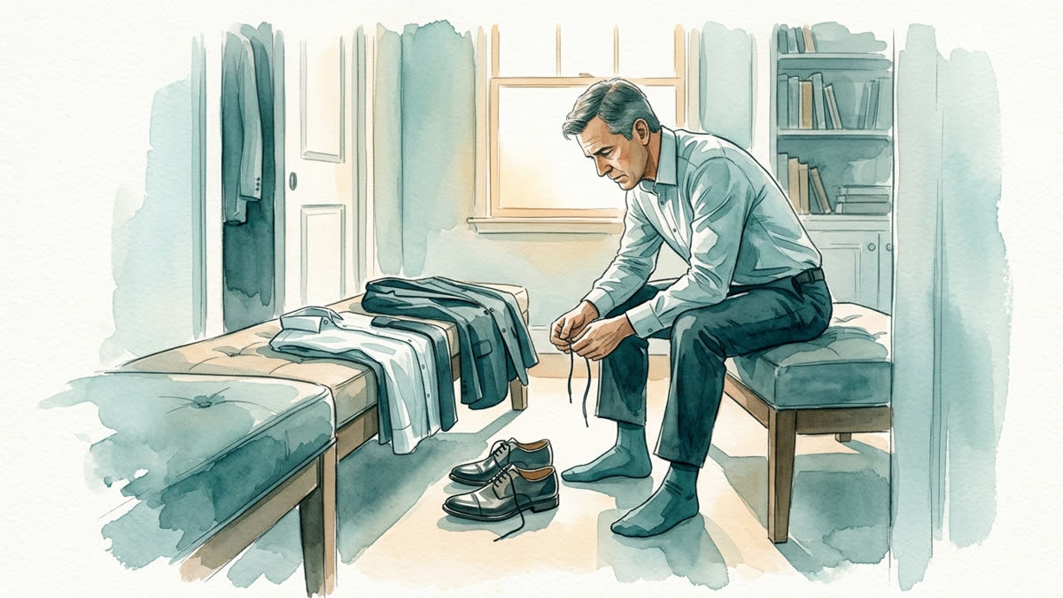 Aquarell: Eine Person sitzt vor bereitgelegter Kleidung und Schuhen, doch der einfache nächste Schritt bleibt aus.