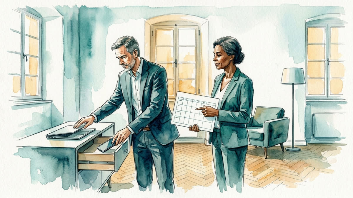 Therapieraum mit Sideboard: Patient legt Laptop und Telefon beiseite und markiert mit der Therapeutin einen realistischen nächsten Schritt.