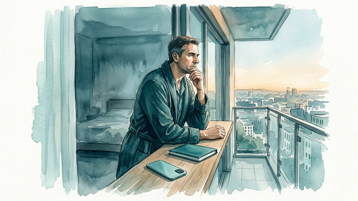 Professioneller Mann steht vor Tagesbeginn wach am Fenster; Telefon und Notizbuch bleiben geschlossen neben ihm liegen.