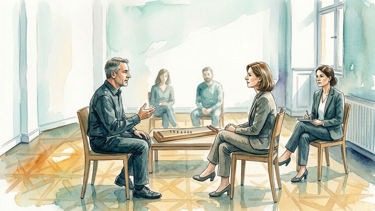 Aquarell: Nach einer musikalischen Übung reflektiert eine kleine Gruppe Kontakt, Resonanz und Grenzen im therapeutischen Rahmen.
