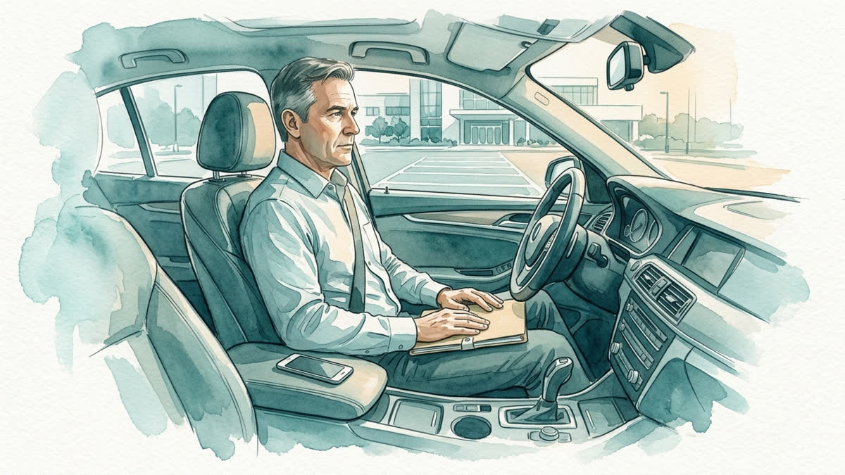 Professioneller Mann sitzt nach einem Arzttermin im geparkten Auto; eine Befundmappe liegt neben ihm, das Smartphone bleibt unlesbar.