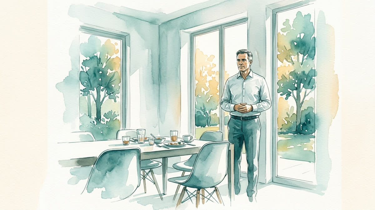 Aquarell: Eine Person steht nach einer Familienrunde am Rand des leeren Raumes, korrekt gekleidet und innerlich weit entfernt.