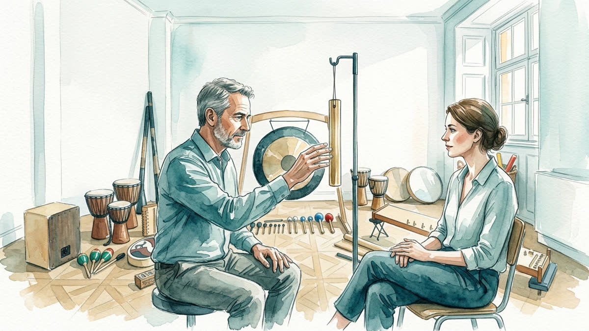Aquarell: In einem hochwertigen Musiktherapieraum erkundet eine Person einen einzelnen Klang, während eine Therapeutin den Prozess ruhig begleitet.