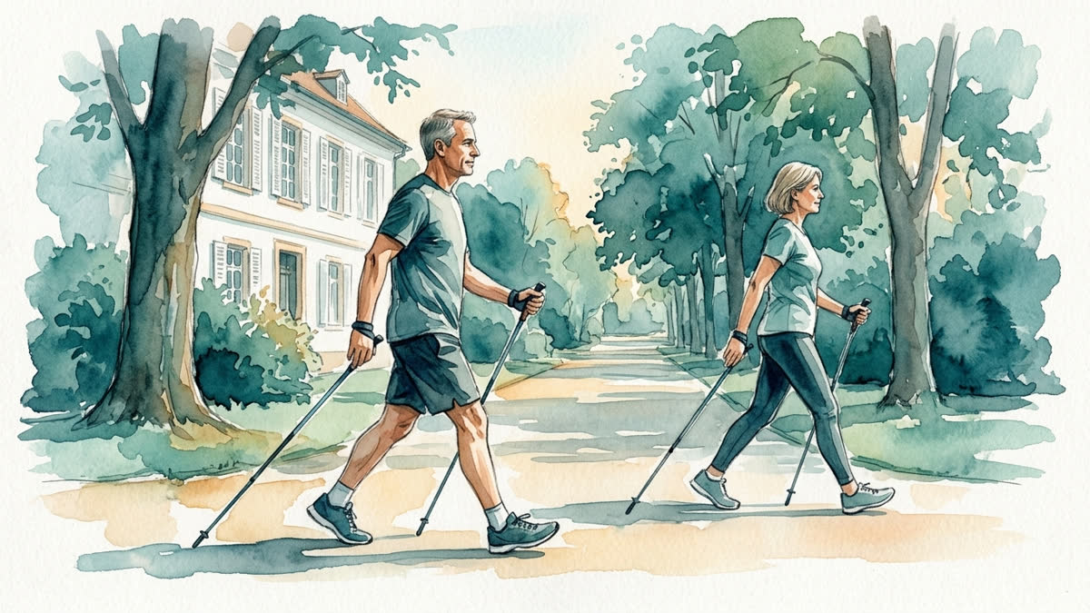 Aquarell: Zwei geübte Personen verfeinern beim Nordic Walking im Klinikpark Abdruck, Armführung und ruhiges Tempo.