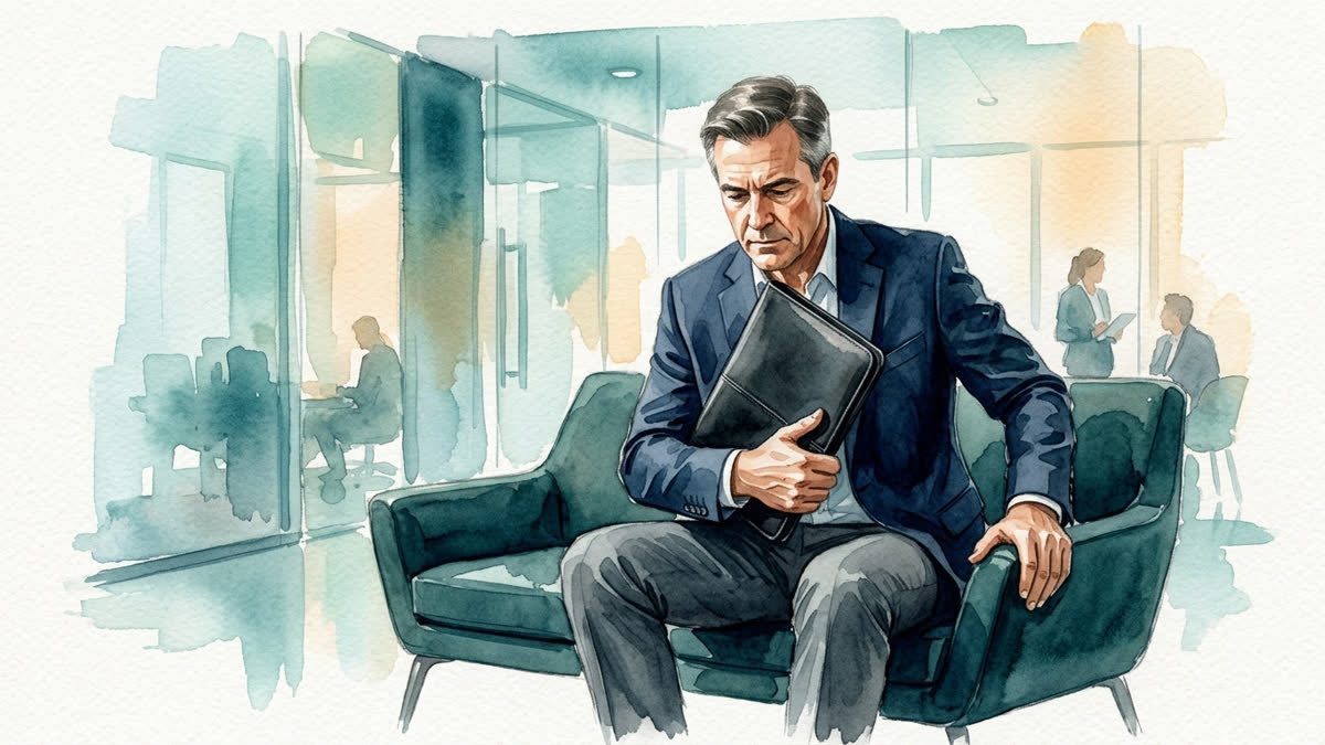 Professioneller Mann hält kurz vor einem wichtigen Termin im Konferenzfoyer inne und konzentriert sich auf ruhiges Atmen.