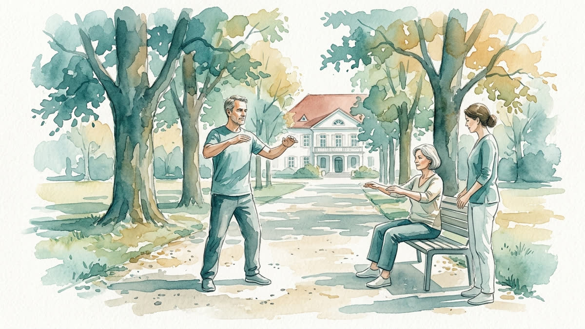 Aquarell: Ein Mann übt stehend und eine Frau sitzend Qi Gong; eine anleitende Person begleitet beide im Klinikpark.