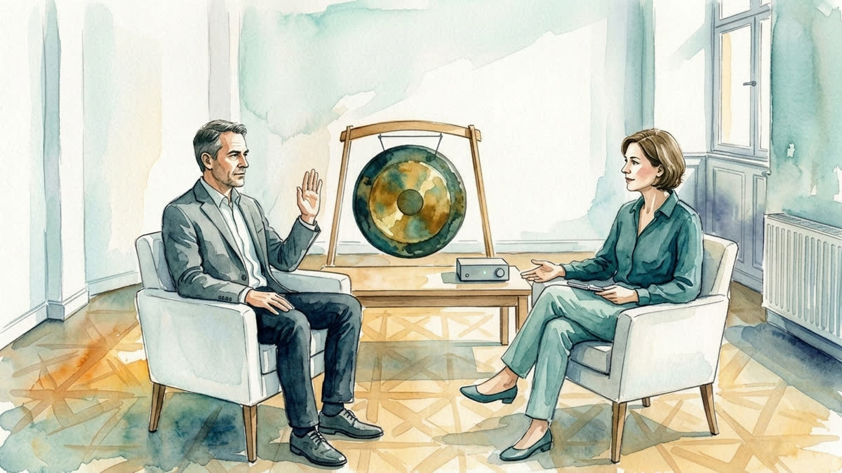 Aquarell: In der rezeptiven Musiktherapie signalisiert eine Person eine Grenze, während die Therapeutin den Rahmen ruhig anpasst.