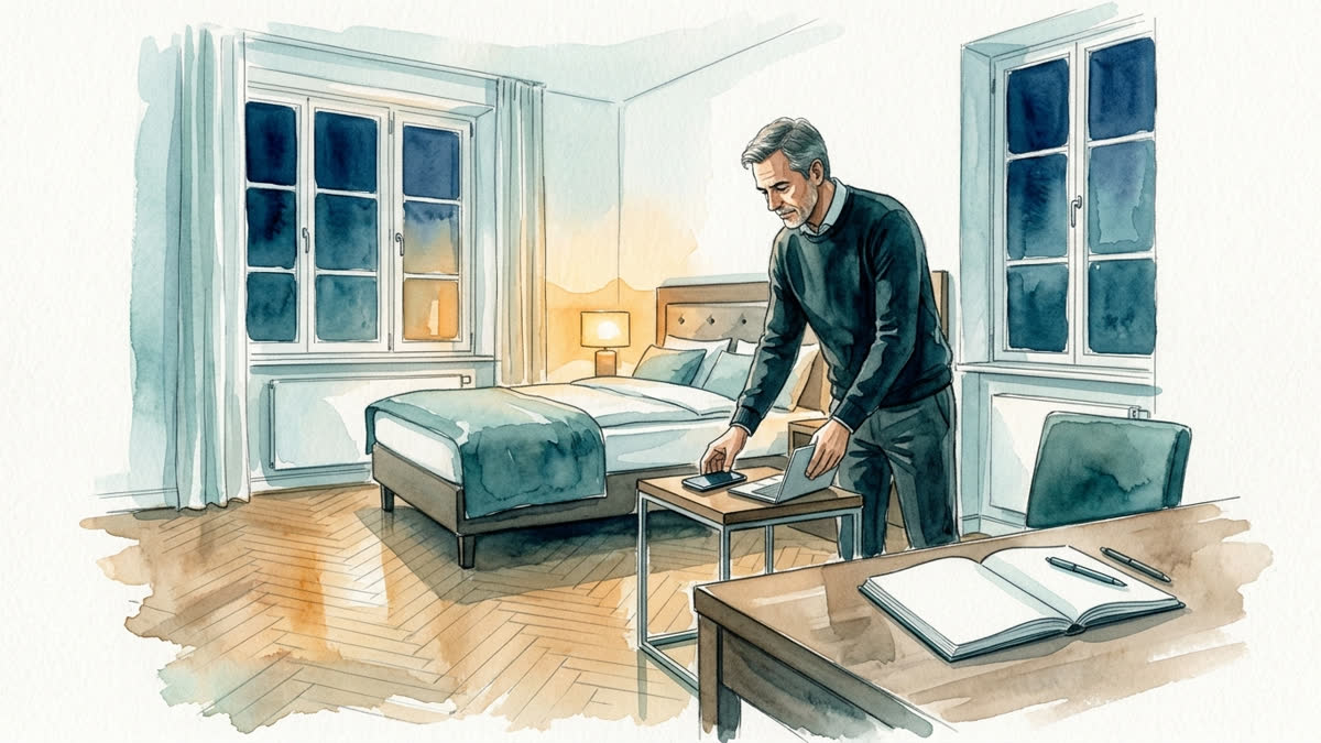 Ruhige Abendroutine: Smartphone und Laptop liegen außerhalb des Schlafbereichs, ein schlichtes Schlaftagebuch bleibt als Strukturhinweis sichtbar.