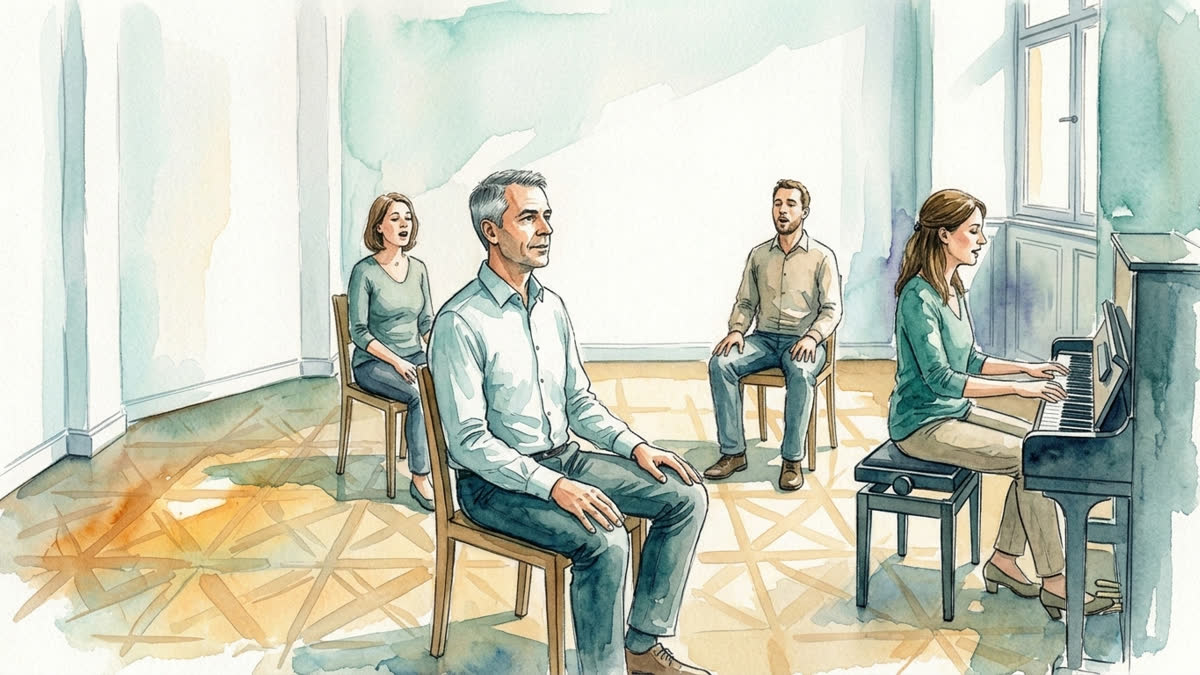 Aquarell: In einer Stimmübung darf eine Person zuhören, während andere leise in den gemeinsamen Klang finden.