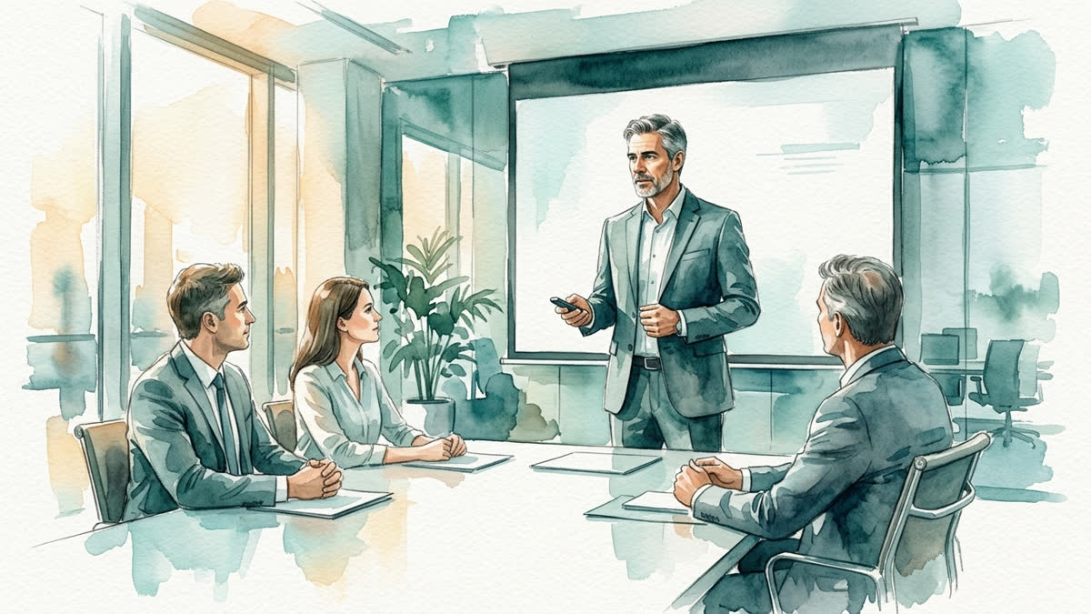 Professioneller Mann steht vor einer Präsentation im modernen Besprechungsraum; die Teilnehmenden warten aufmerksam, aber nicht bedrohlich.