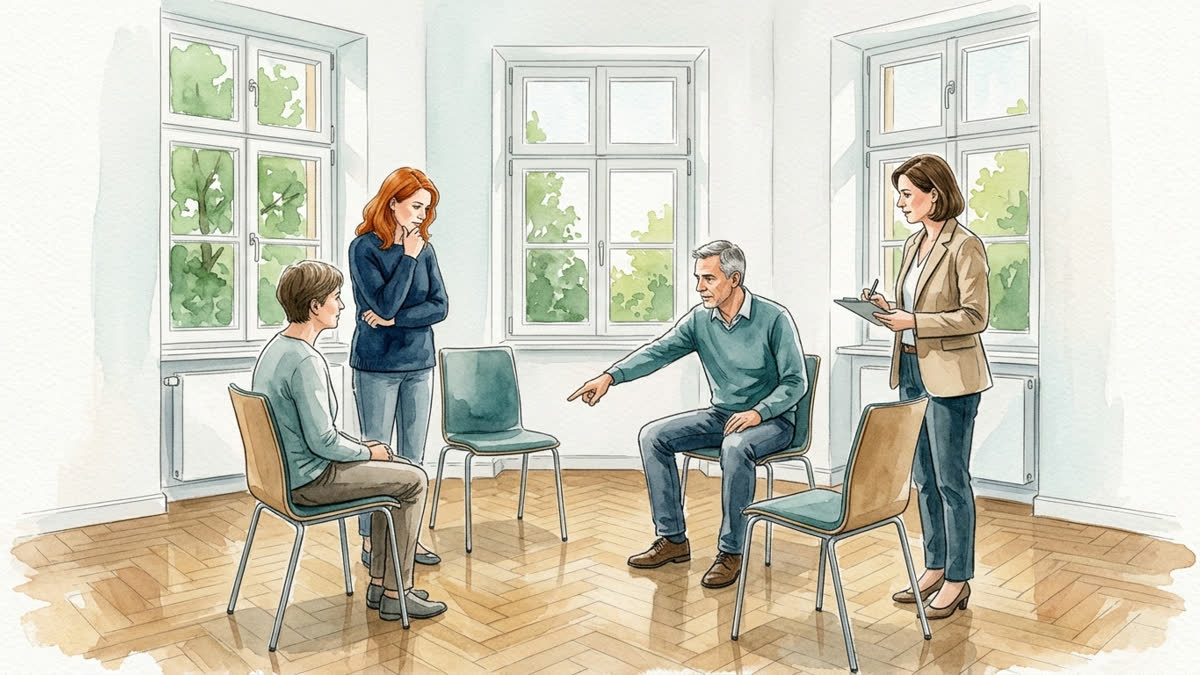 Aquarell: Nach einer aktiven Übung wertet die Gruppe markierte Positionen, Abstand und Reaktionen therapeutisch aus.