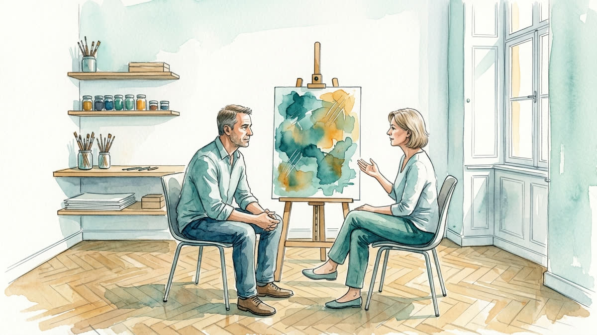 Aquarell: Patient und Therapeutin betrachten in einem hochwertigen Atelier ein abstraktes Werk und seine persönliche Bedeutung.