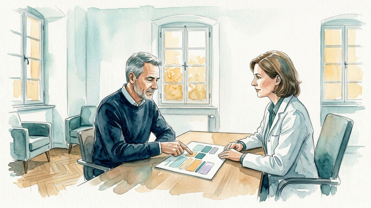 Aquarell: Patient und Behandler besprechen in einem ruhigen Klinikraum einen nicht lesbaren Therapieplan mit mehreren Bausteinen.