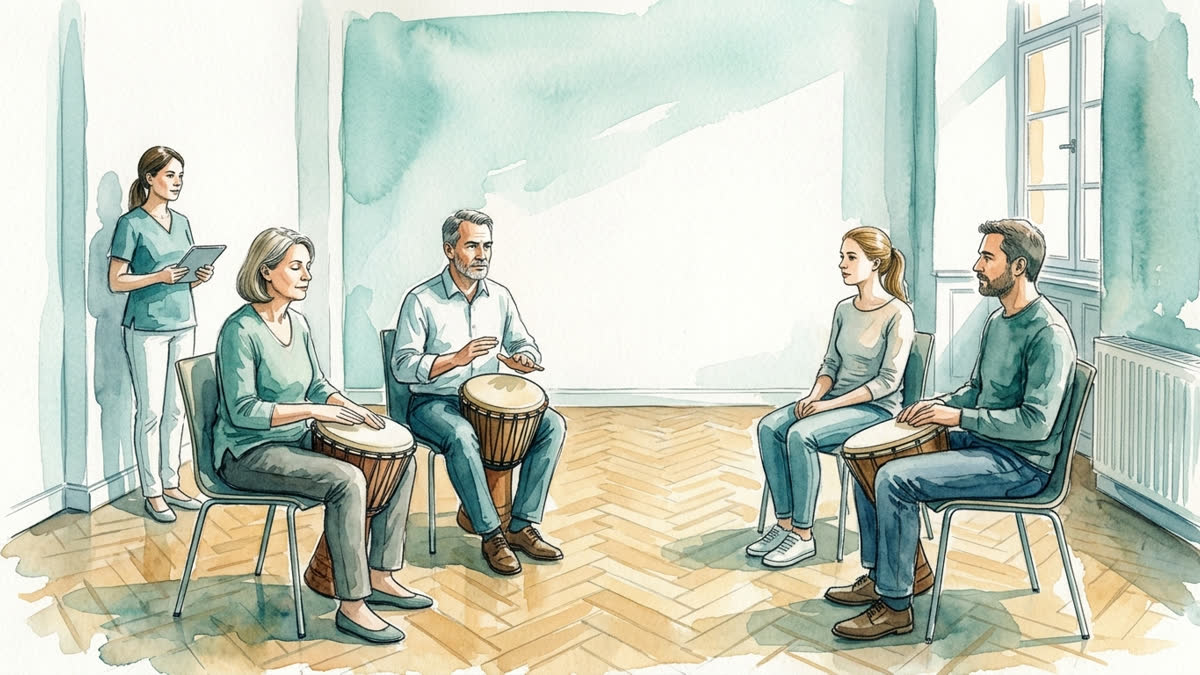 Aquarell: Eine kleine Trommelgruppe arbeitet mit Rhythmus, bewusstem Stoppzeichen und Resonanz im therapeutischen Rahmen.