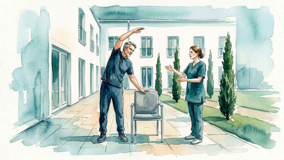 Aquarell: Eine Person übt auf der Terrasse eine kleine kontrollierte Seitneigung mit einer Hand an einem stabilen Stuhl.