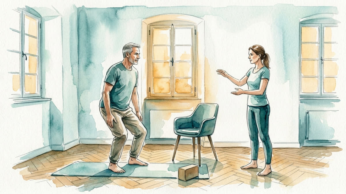 Aquarell: Ein Mann übt im Therapieraum eine stabile Yogahaltung; eine anleitende Frau begleitet ihn, Stuhl und Block stehen bereit.