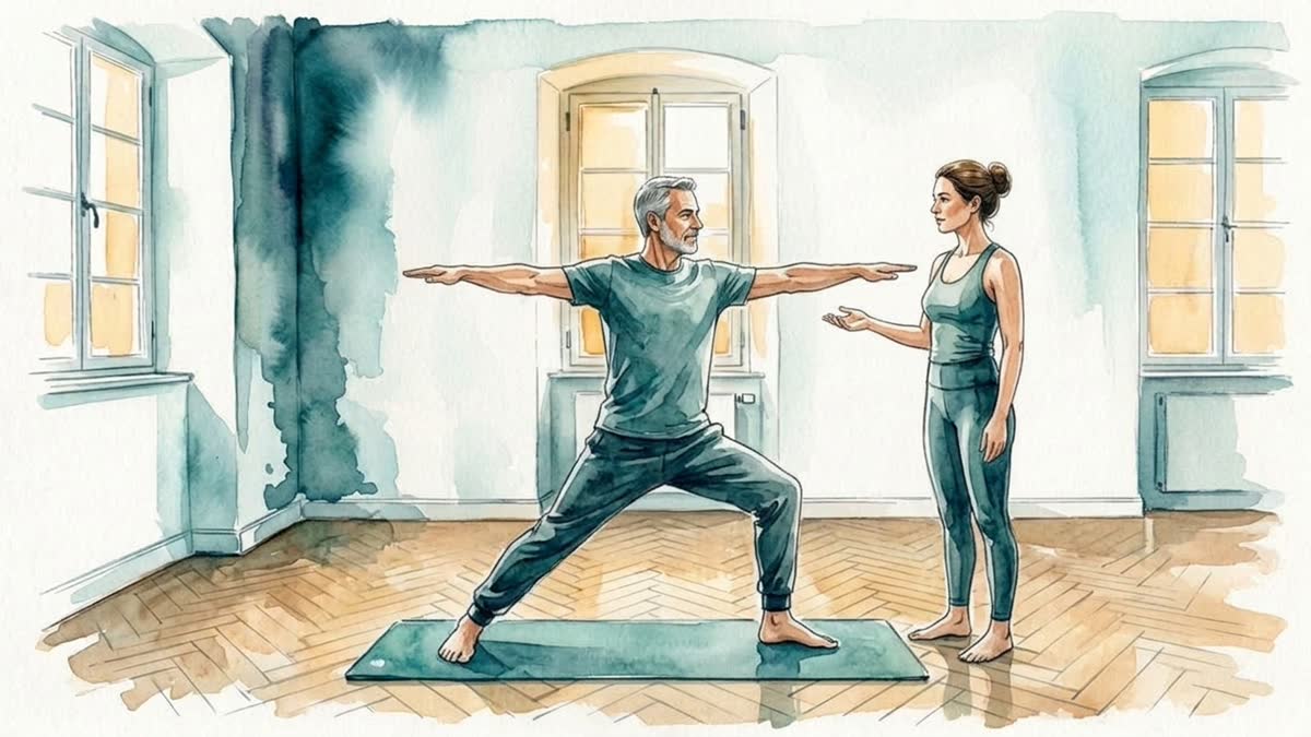 Aquarell: Ein Mann übt auf einer Yogamatte eine weite Standhaltung mit seitlich ausgestreckten Armen, begleitet von einer anleitenden Frau.