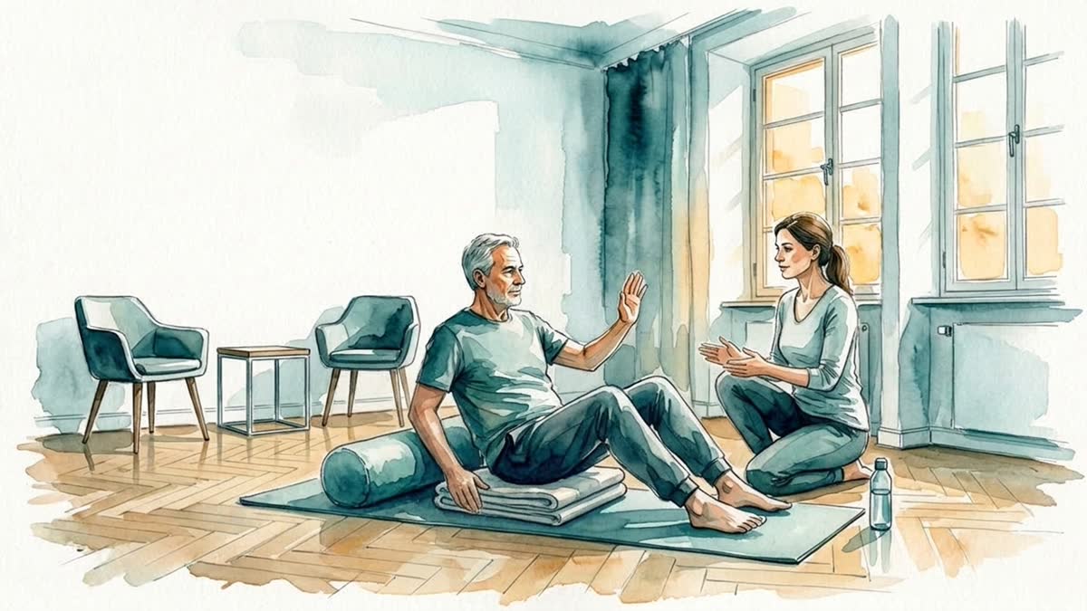 Aquarell: Ein Mann sitzt mit gebeugten Beinen auf einer Yogamatte, gestützt von Yogabolster und gefalteter Decke, und signalisiert einer knienden Anleiterin eine Pause.