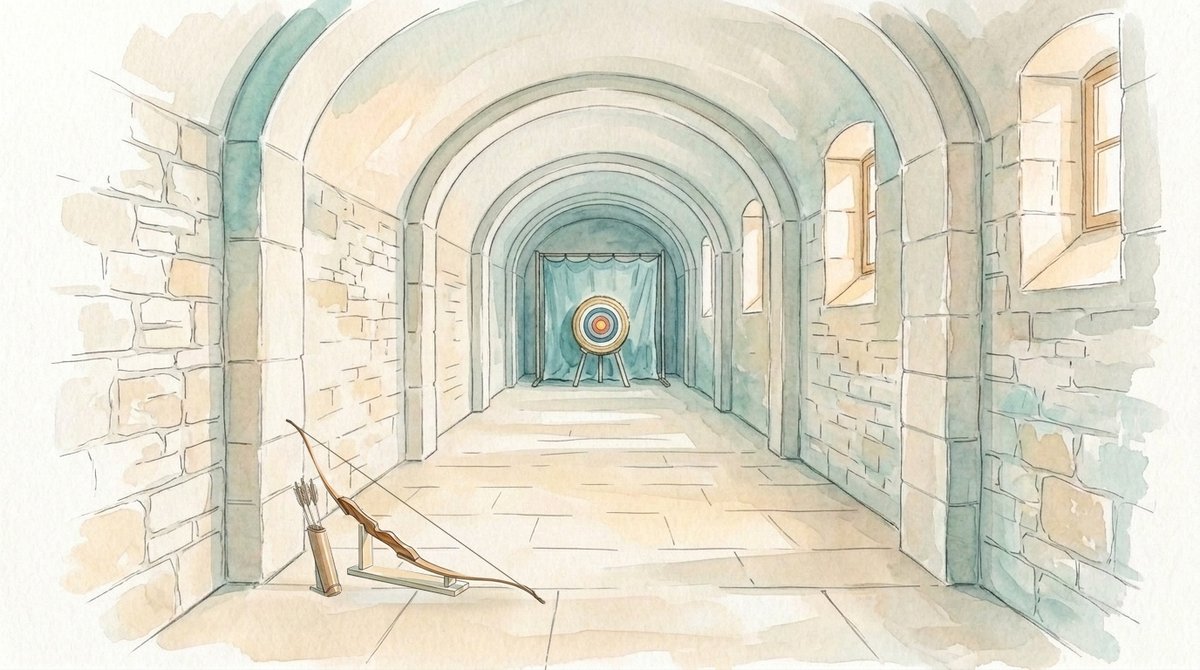 Aquarell: Langer, schmaler Gewölberaum mit hellem Mauerwerk und seitlichen Fenstern; Bogen und Köcher vorne, Zielscheibe mit Pfeilfangnetz am hinteren Ende.